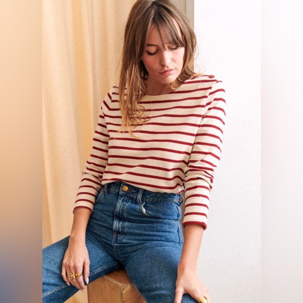 Sezane Red and White Striped Long Sleeve Top
